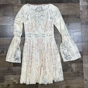 Free People Women’s Size 4 Lovers Folk Song Mini Dress Ivory Lace Overlay Sheer